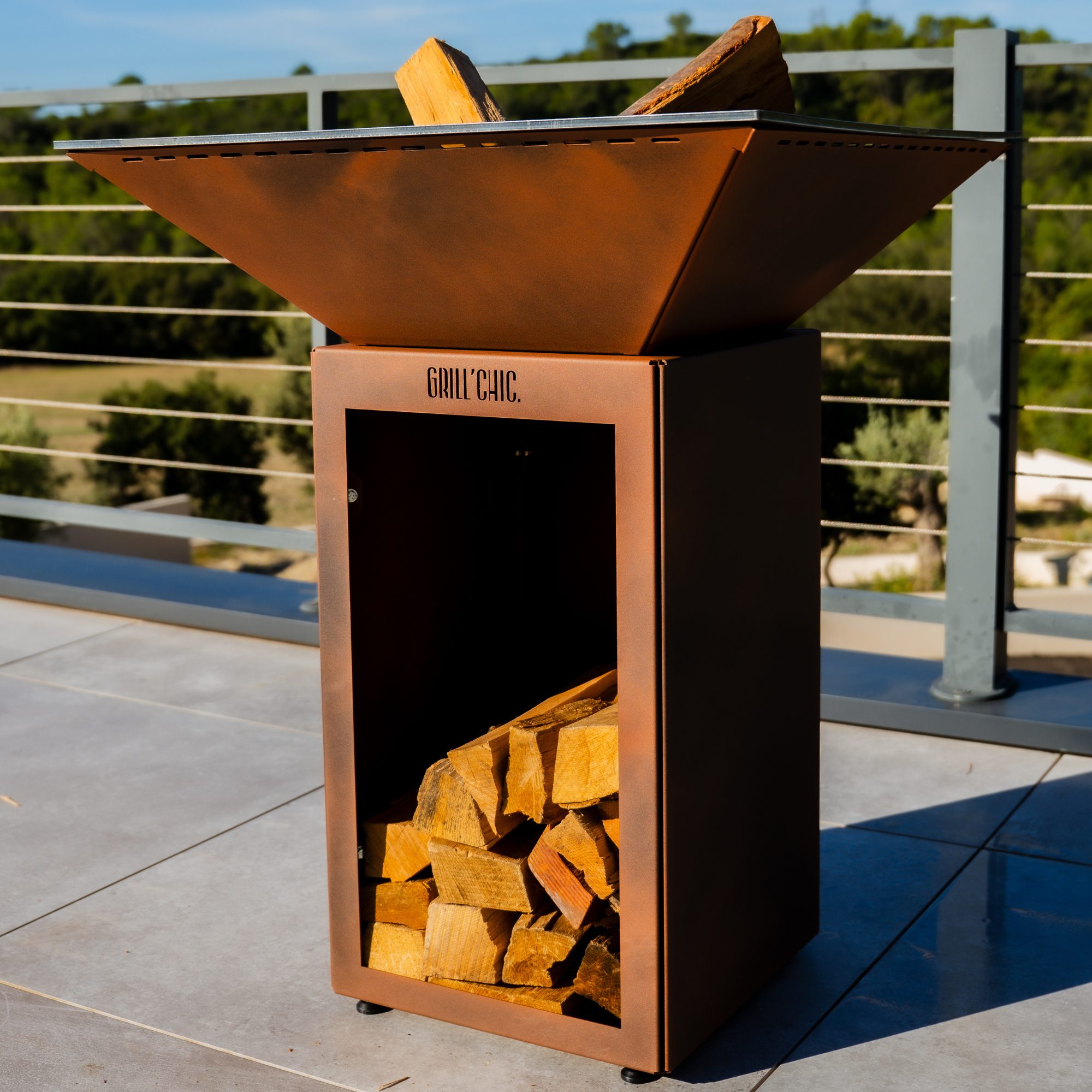 Pack Confort Brasero Cevenol Acier Bois Carre 74 Imitation Corten Double Cuve — photo 5