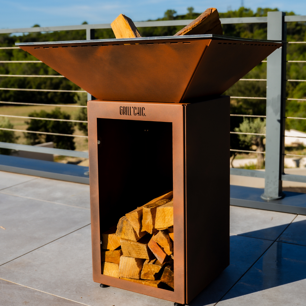 Pack Découverte Brasero Cevenol Acier Bois Carre 74 Imitation Corten Double Cuve Acier